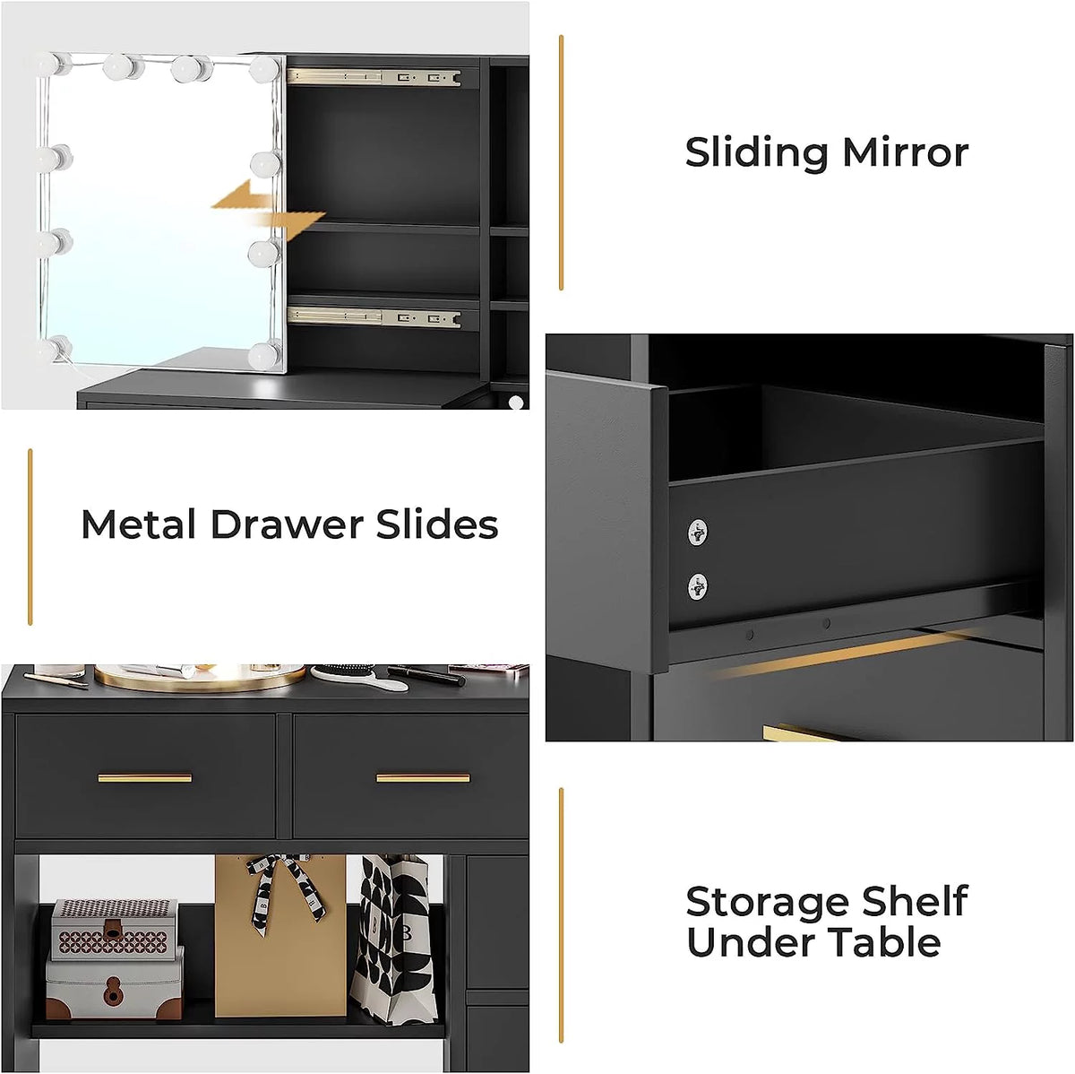 Black Vanity Table with Sliding Mirror and LED Lights A33713