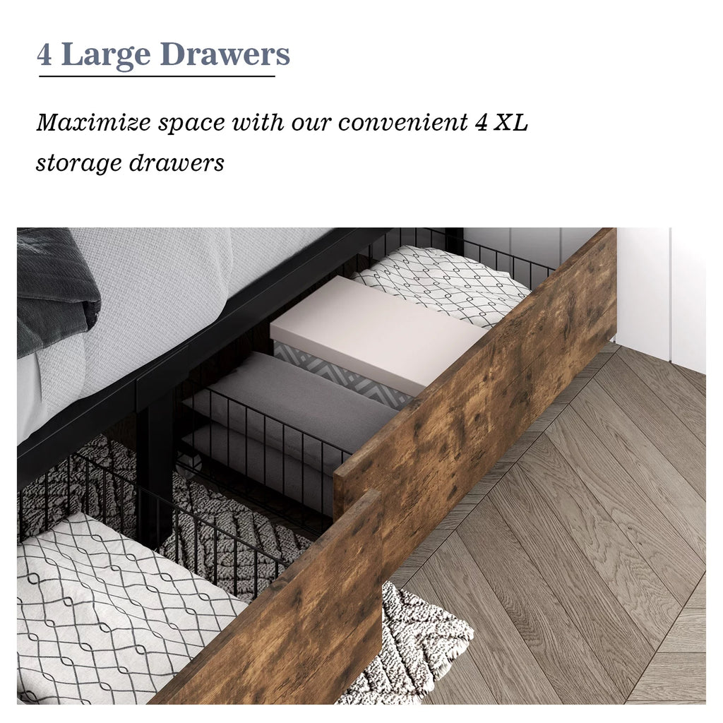 Queen Size Metal Platform Bed Frame with 4 Storage Drawers O541472