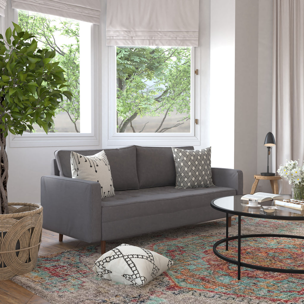 Dark Gray Tufted Faux Linen Sofa with Solid Wood Legs U994
