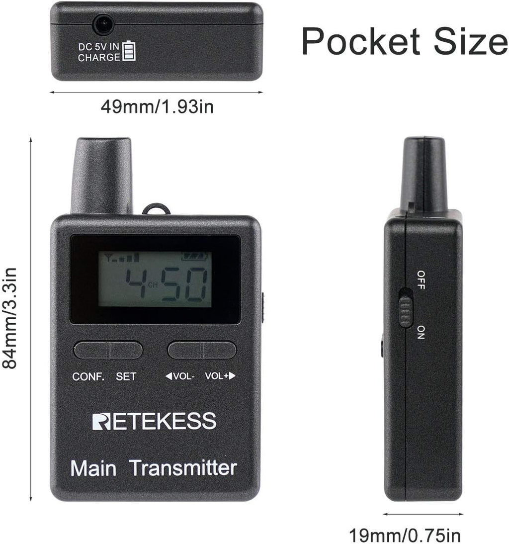 Case of 2 Main Vice Transmitters and 5 Receivers, Tour Guide System Wireless, 328ft, 2 Way Tour Headsets Microphone T445