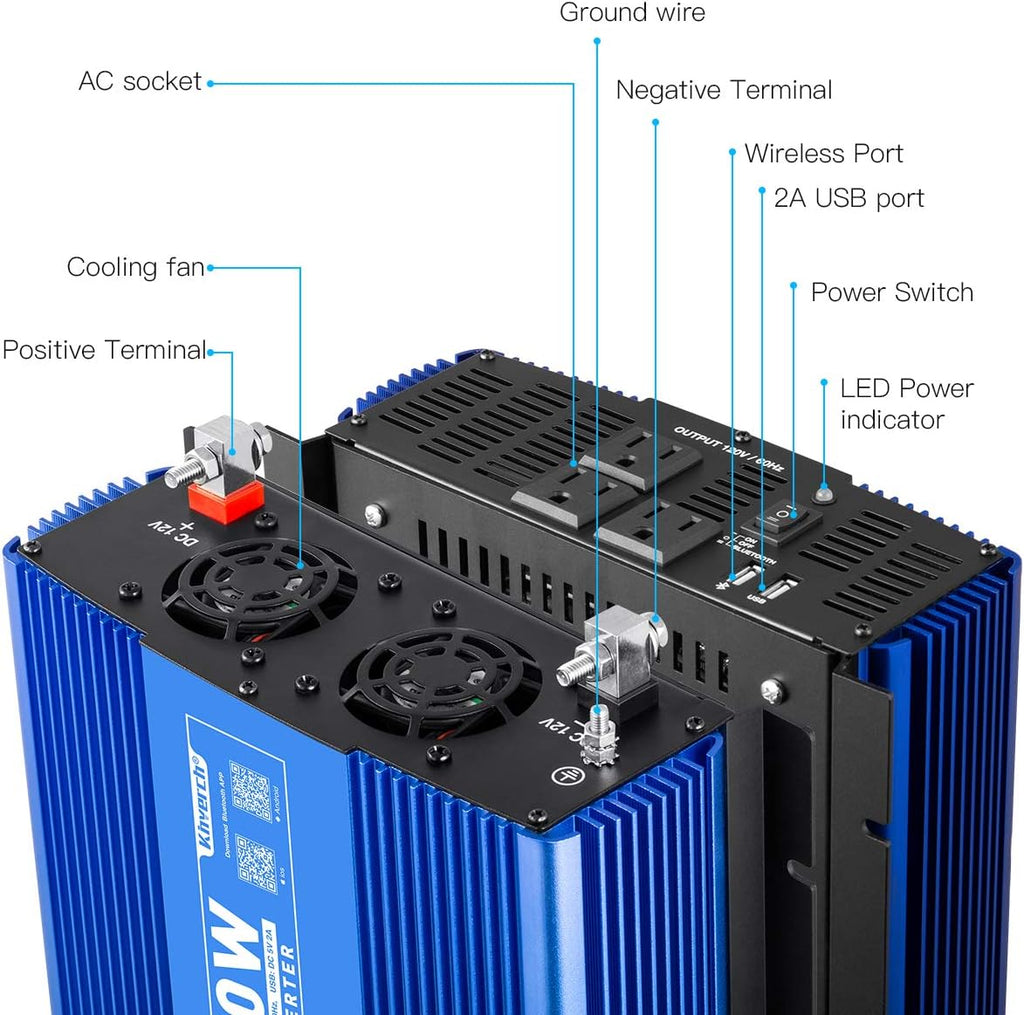 2000W Pure Sine Wave Power Inverter 12V DC to 110V AC with 3 AC Outlets & 1 USB Port Z470
