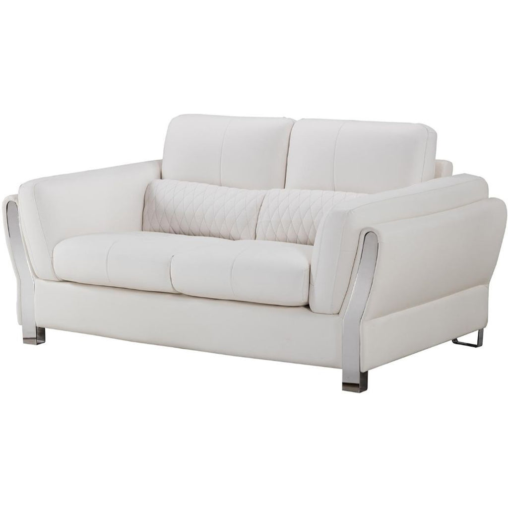 White and Silver Faux Leather Wooden Loveseat with Attached Lumbar Cushion V85194