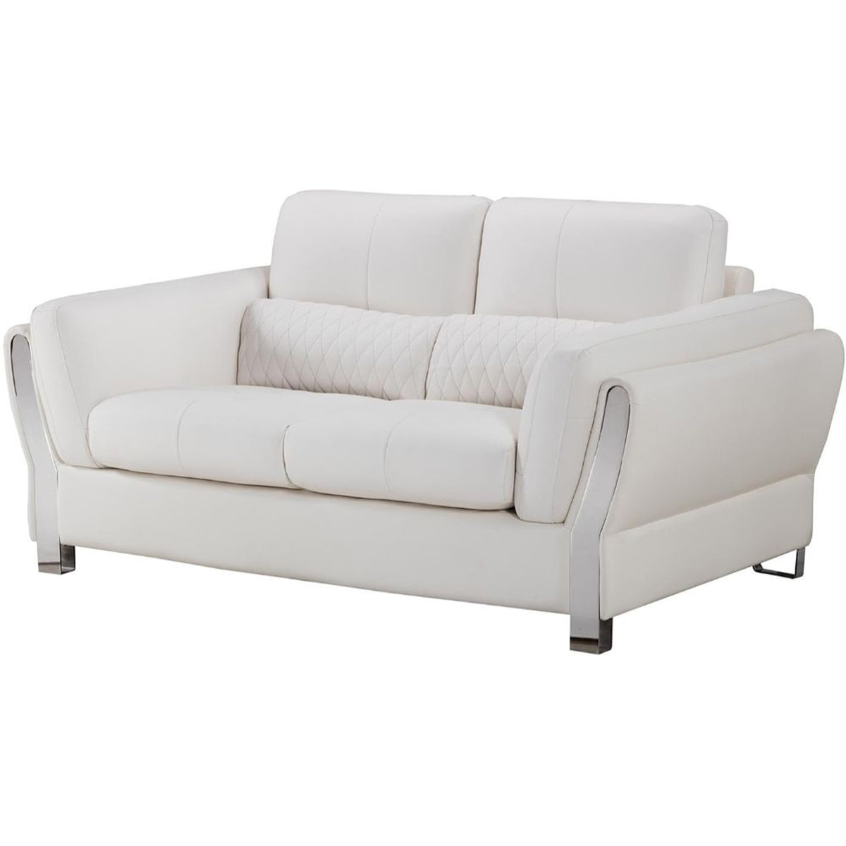 White and Silver Faux Leather Wooden Loveseat with Attached Lumbar Cushion V85194