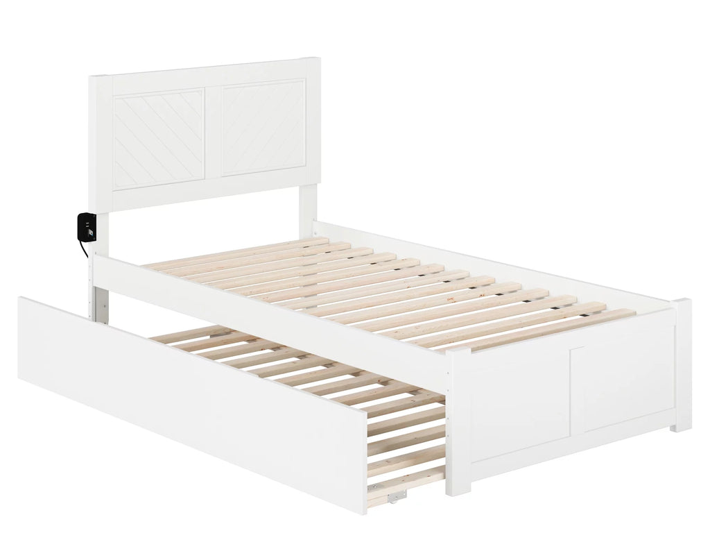White Solid Wood Platform Bed with Footboard & Twin Trundle C9747
