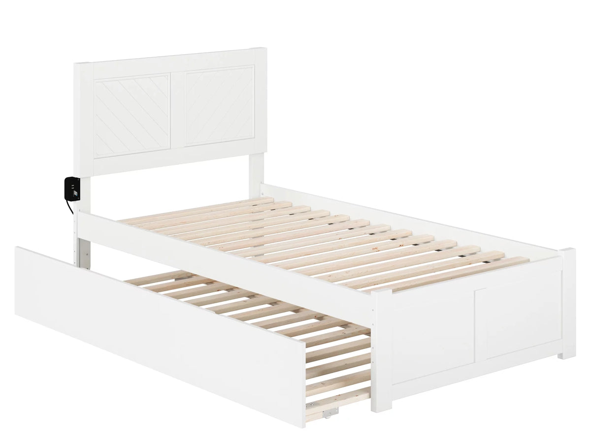 White Solid Wood Platform Bed with Footboard & Twin Trundle C9747