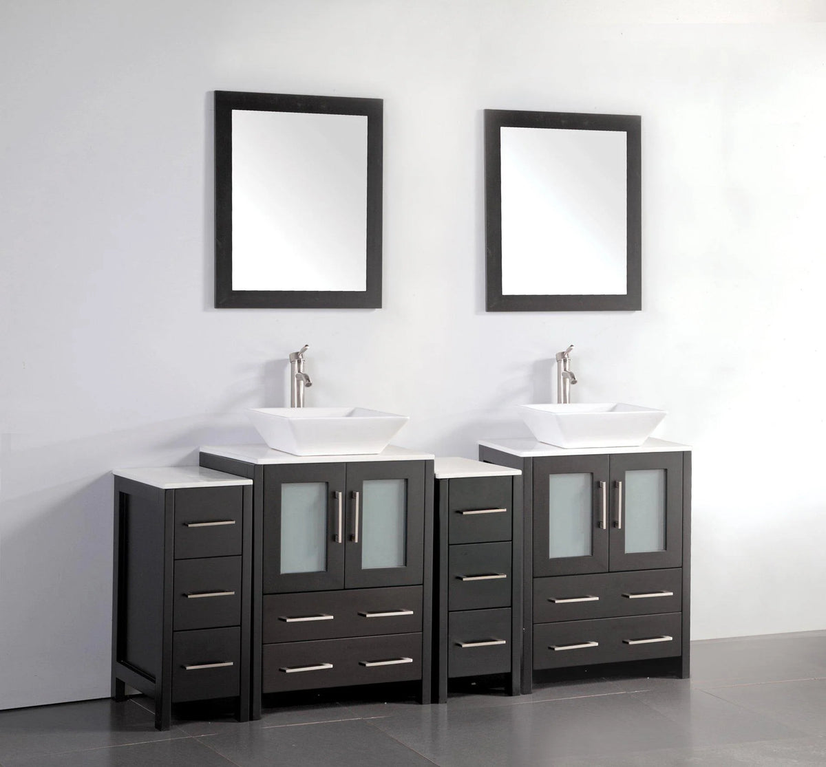 72 in. Espresso Bathroom Vanity with Double Basin White Ceramic Top and Mirrors J7753