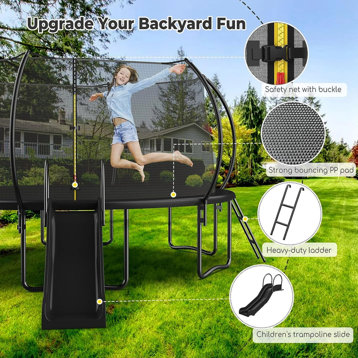 12 14 16FT Trampoline with Slide, Enclosure Net and Ladder R543532