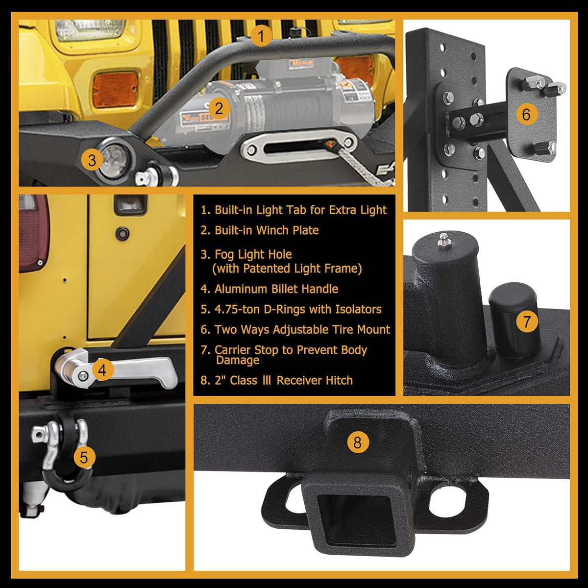 Front Bumper with LED Lights and Rear Bumper with Tire Carrier Combo B7183