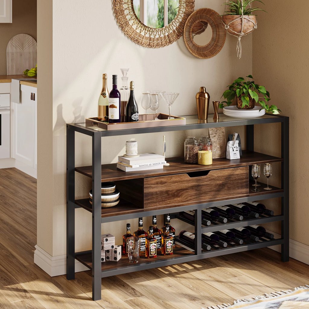 Glass Top Console Table with Wine Rack & Storage Cabinet F2727