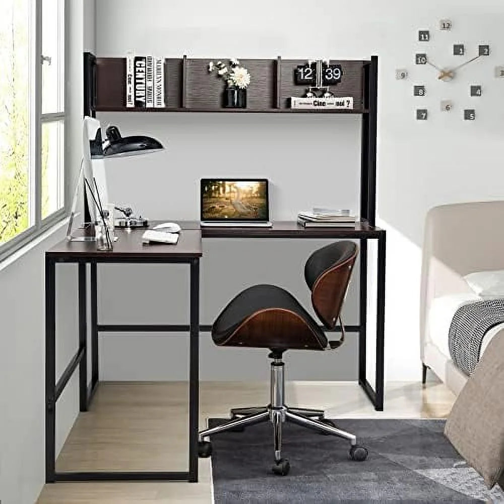 Reversible L-Shaped Corner Computer Desk with Hutch V45969