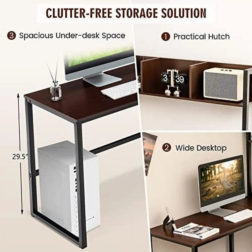 Reversible L-Shaped Corner Computer Desk with Hutch V45969