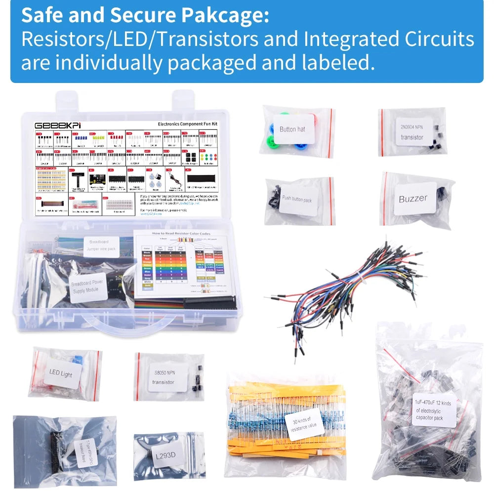 Electronics Component Fun Kit with Power Supply Module, Breadboard, GPIO Extension Module, Jumper Wires, LED T803